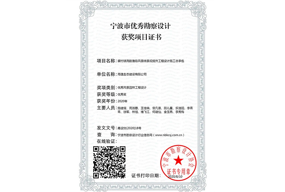 寧波市優(yōu)秀勘察設計獲獎項目證書
